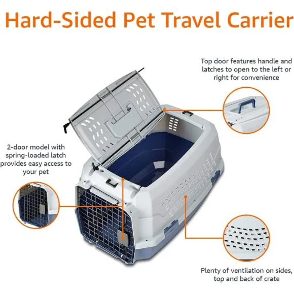 2-Door Top Load Hard Sided Dog and Cat Kennel Travel Carrier,23-Inch,Gray & Blue